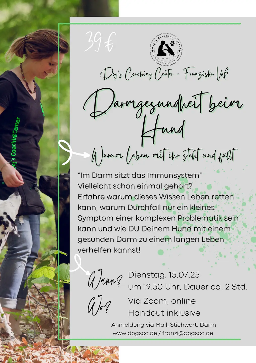Hintergrundbild mit Franzi und Hund, darauf grauer Flyer mit viel Text zum Webinar zum Thema Darmgesundheit beim Hund und dem Termin