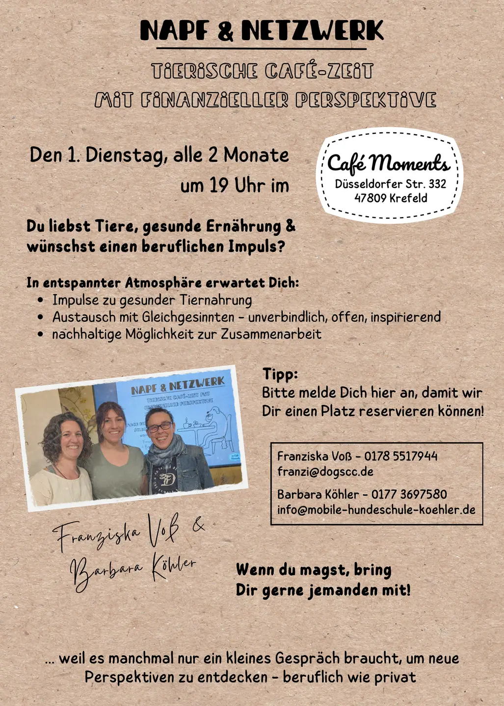 05.12.2025: Eventankündigung: Napf und Netzwerk jetzt regelmäßig sandfarbener Hintergrund, Name der Veranstaltung, sowie die Zeit und der Ort, darunter Infos zum Inhalt, ein Foto der Veranstalter, Kontaktdaten und nette Worte