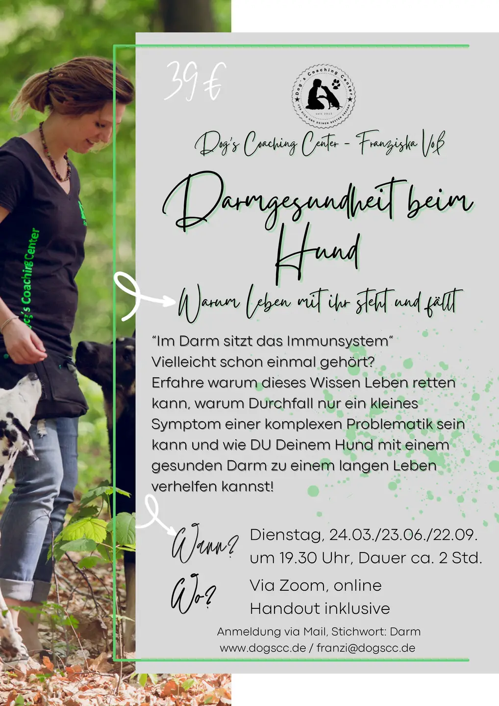 05.12.2025: Newsbeitrag - Information zu den geplanten Webinaren Hintergrundbild mit Franzi und Hund, darauf grauer Flyer mit viel Text zum Webinar zum Thema Darmgesundheit beim Hund und dem Termin