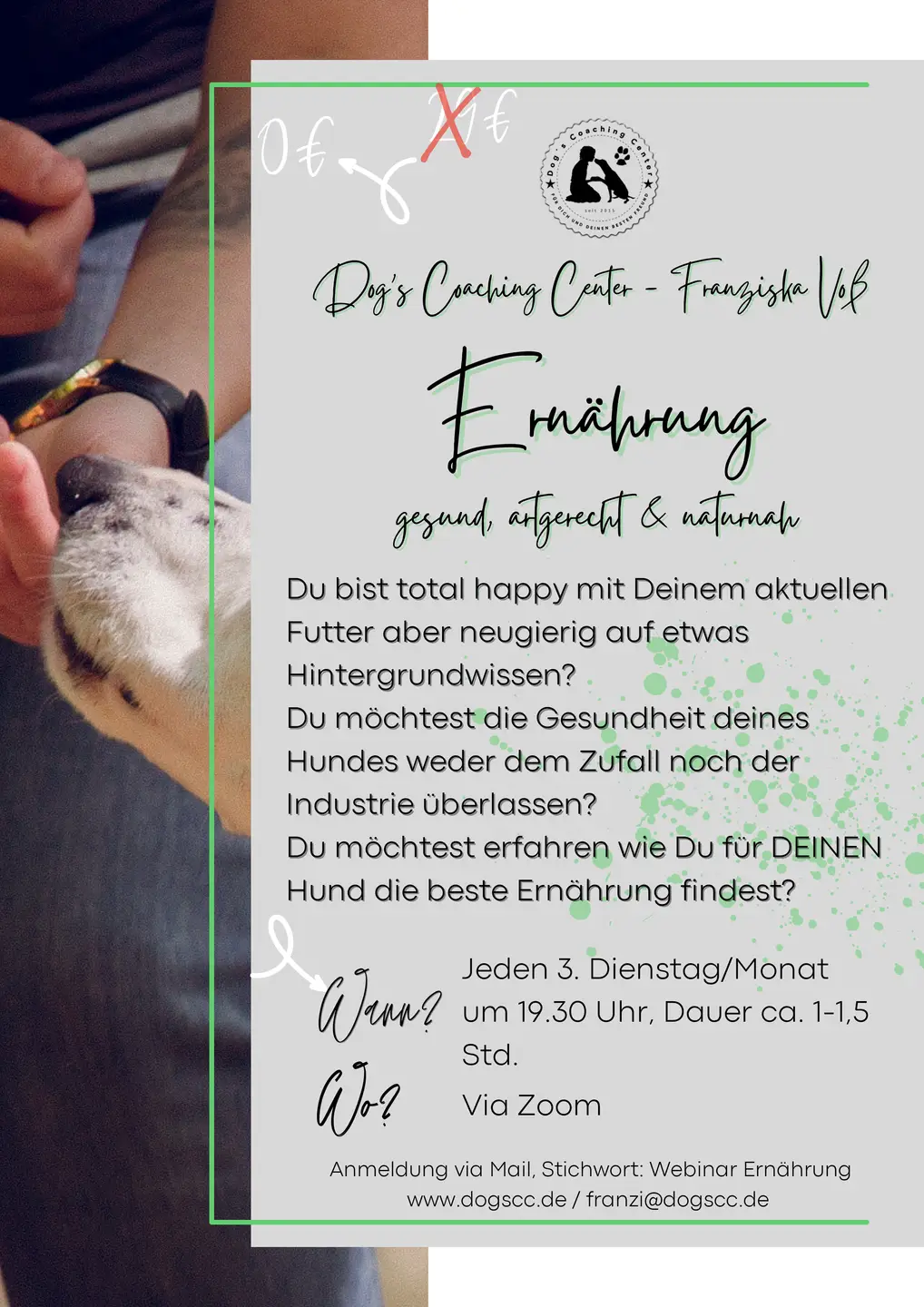 05.12.2025: Newsbeitrag - Information zu den geplanten Webinaren Hintergrundbild mit Franzi und Hund, darauf grauer Flyer mit viel Text zum Webinar zum Thema Ernährung und dem Termin